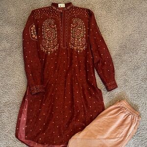 Embroidered Maroon Kurta with Peach Pants